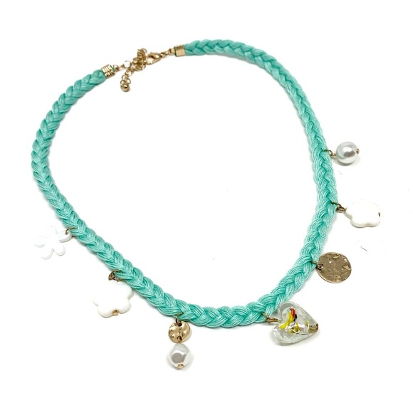 New Free People Charm Choker Necklace Blue Flower Heart - Picture 2 of 6